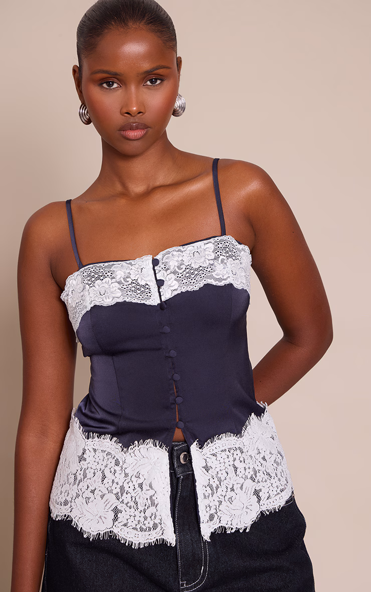 Navy Satin Button Up Lace Detail Cami