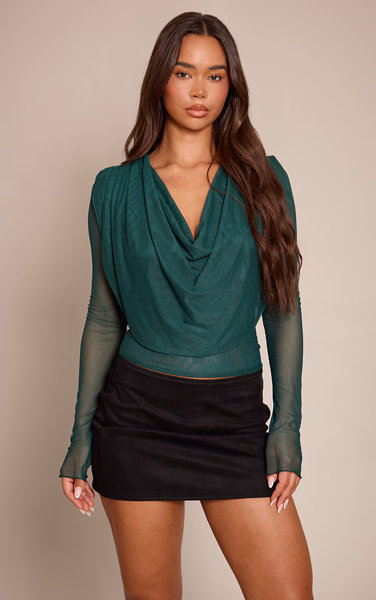 Olive Mesh Cowl Long Sleeve Top