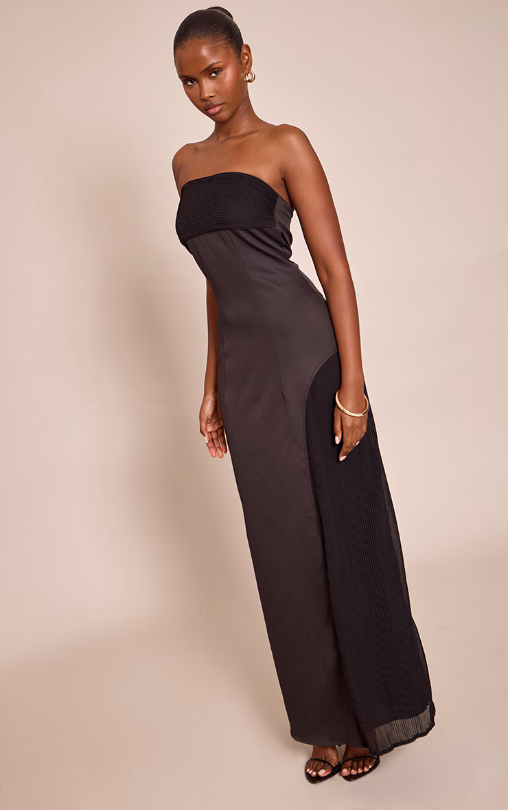 Black Woven Pleated Detail Maxi Dress