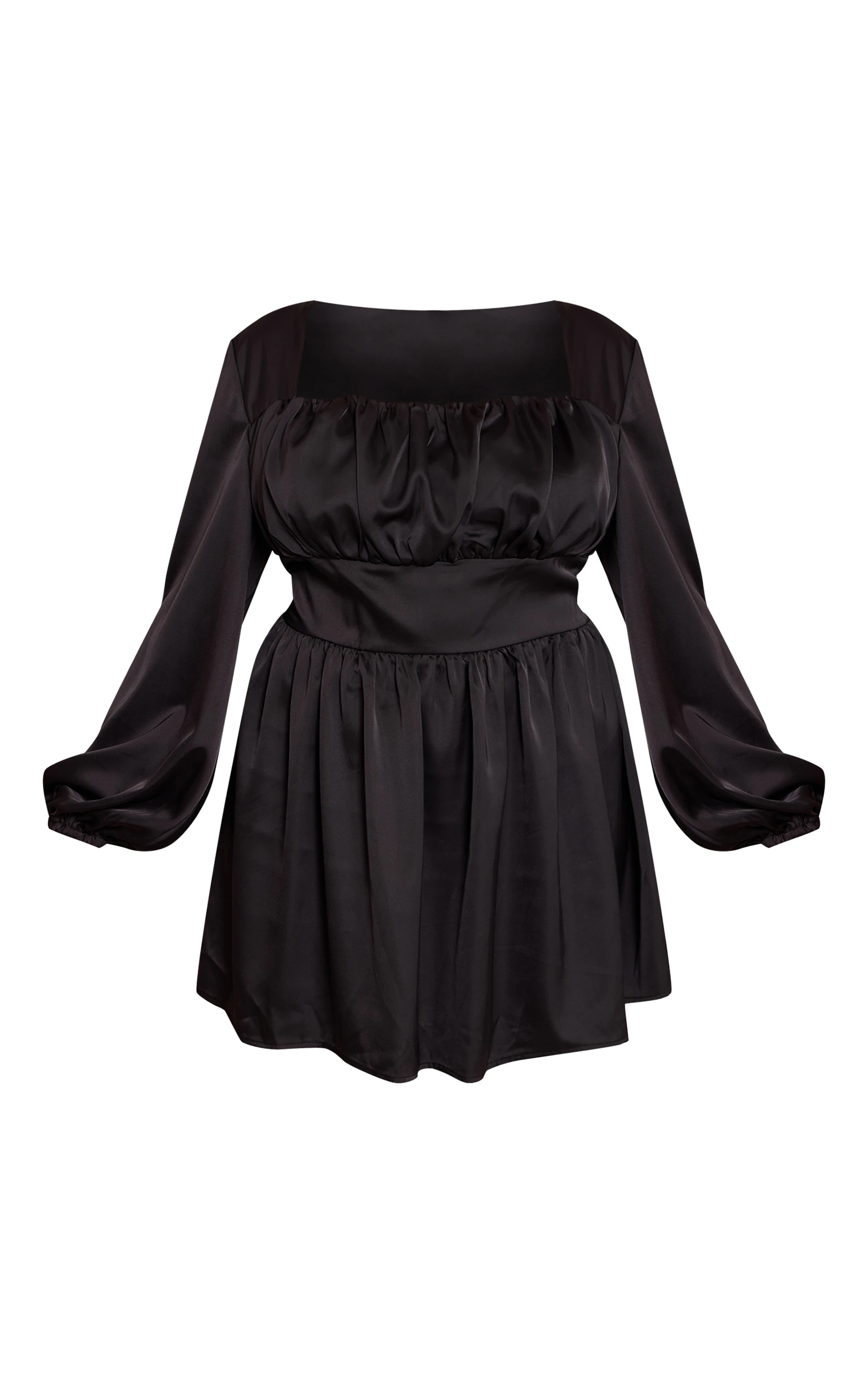 Plus Black Satin Ruched Cup Puff Sleeve Mini Dress