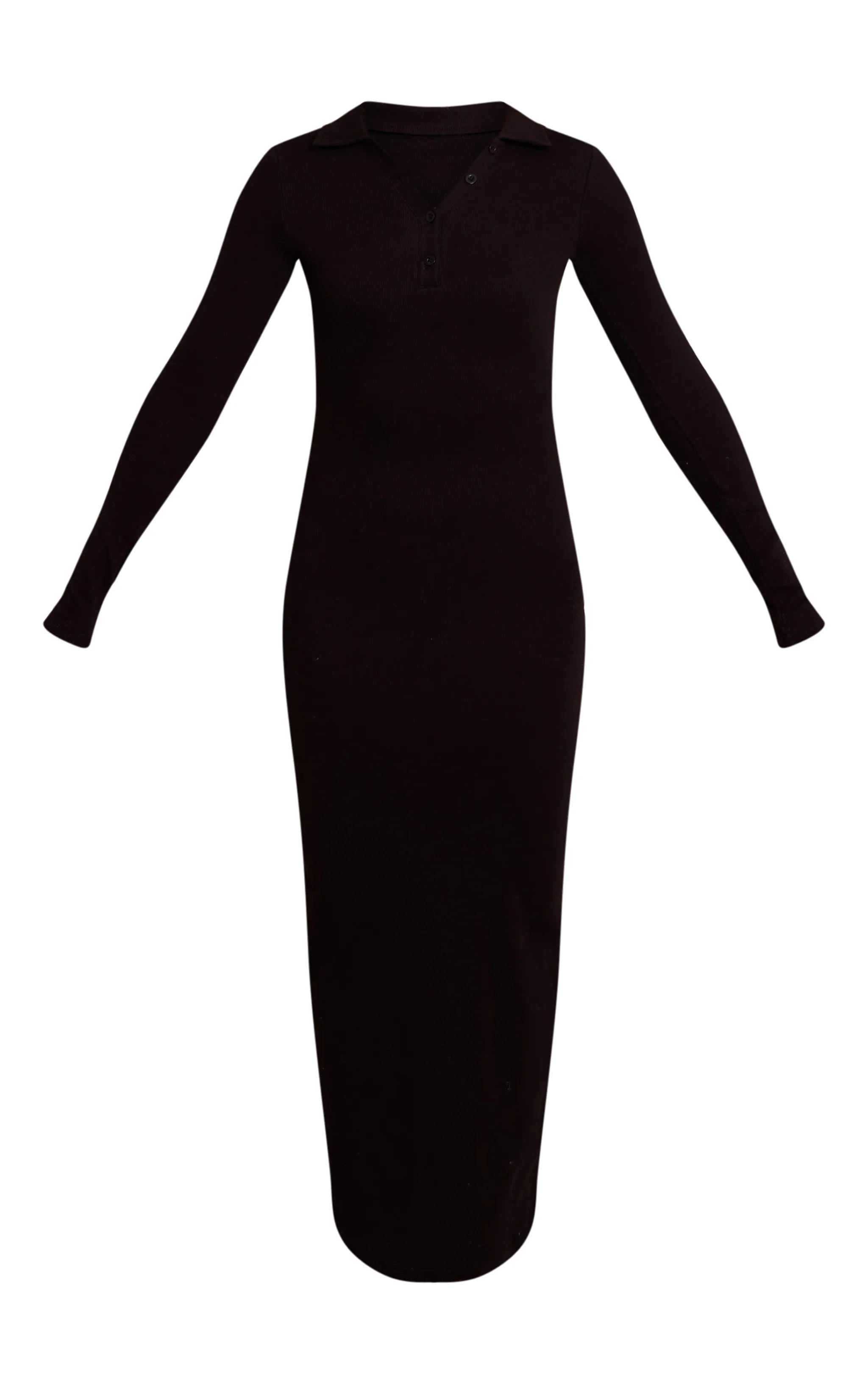Black Ribbed Button Down Collar Detail Long Sleeve Maxi Dress