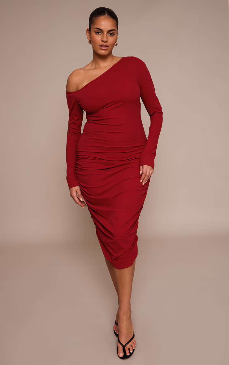Plus Burgundy Sculpt Off Shoulder Ruched Midi Dress