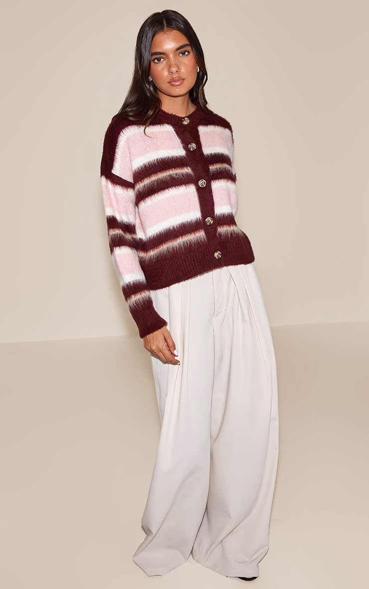 Burgundy Striped Brushed Knit Cardigan