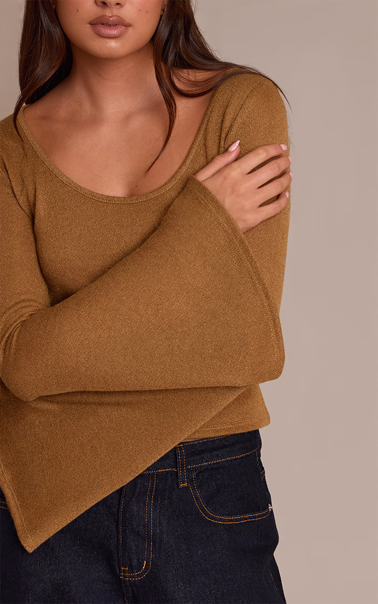 Tan Textured Jersey Scoop Neck Flared Long Sleeve Top
