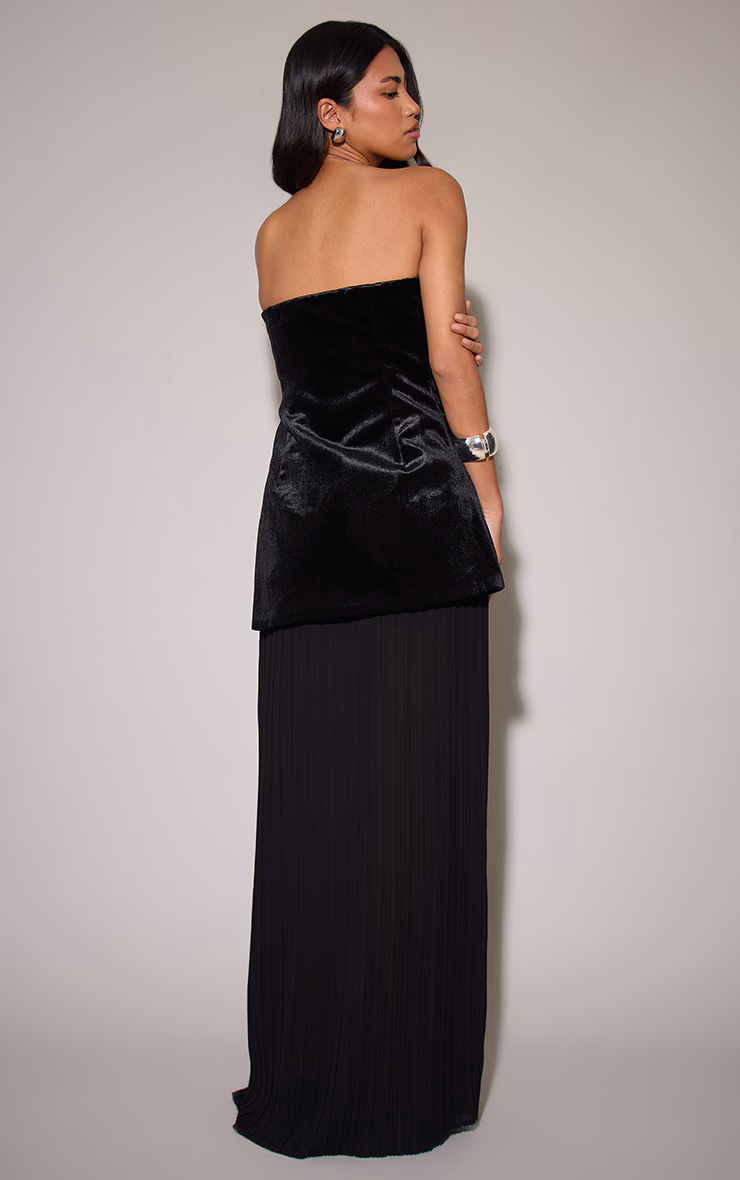 Black Velvet Bandeau Pleated Chiffon Skirt Panel Maxi Dress