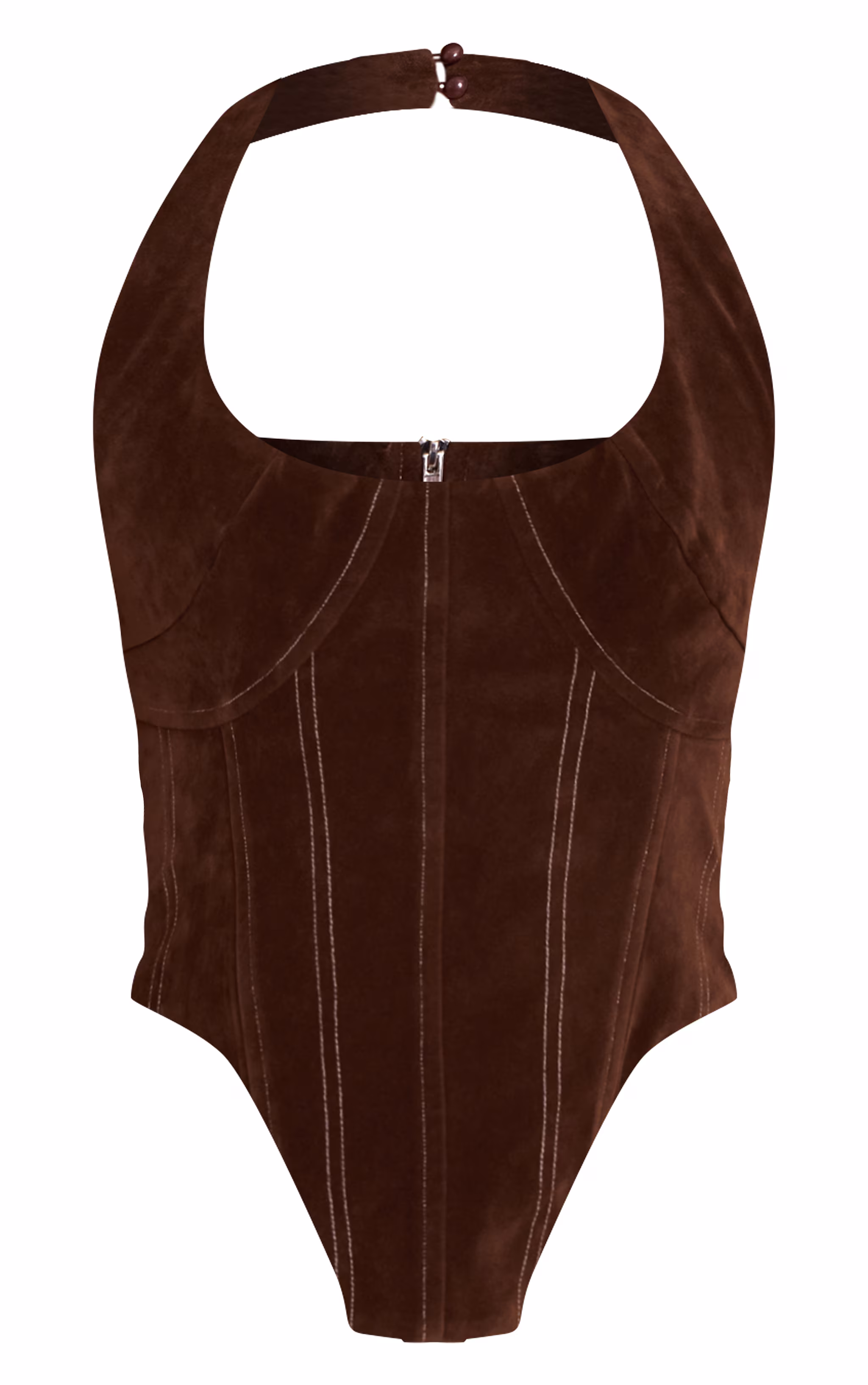 Brown Faux Suede Stitching Detail Halterneck Corset