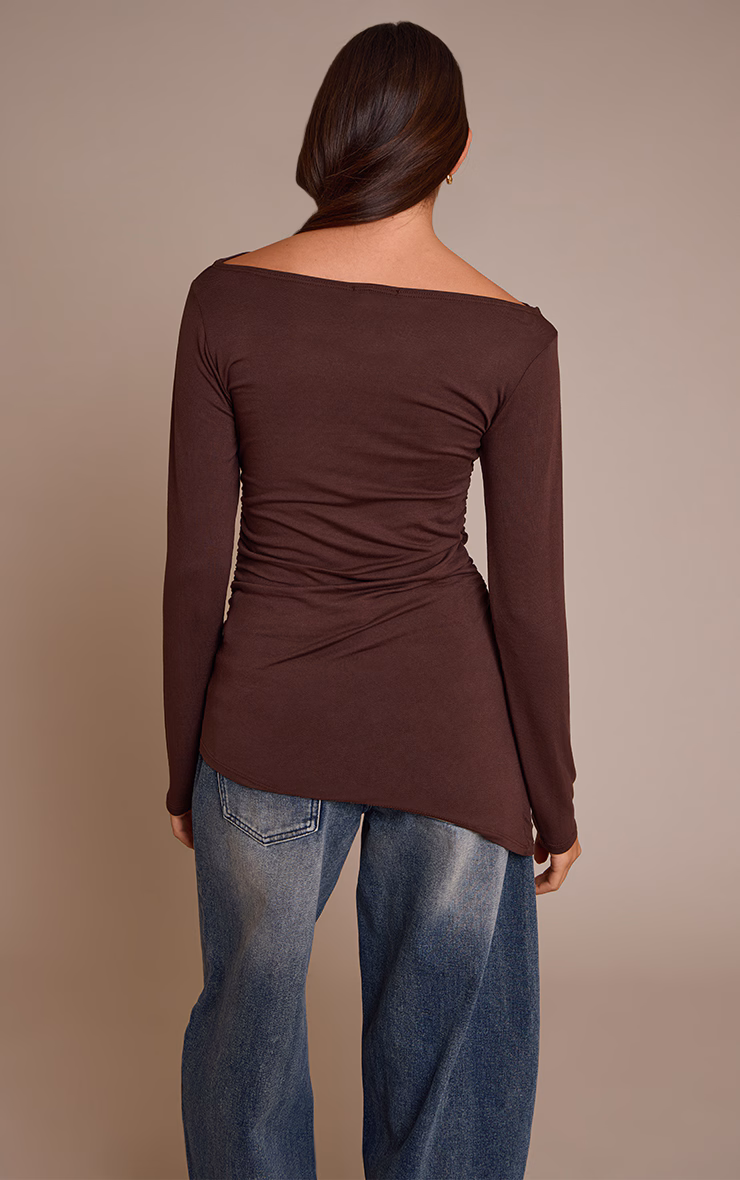 Chocolate Asymmetric Hem Detail Long Sleeve Top