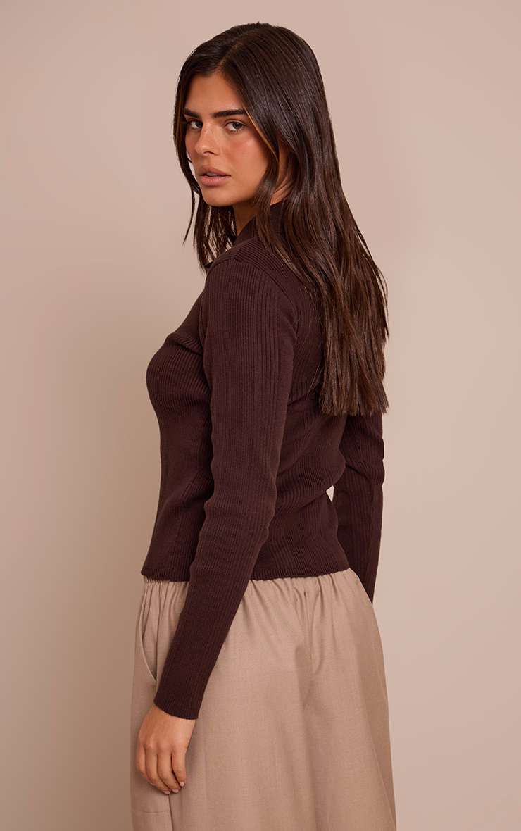 Chocolate Ribbed Knit Long Sleeved Polo Top