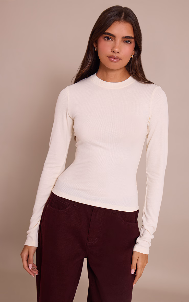 Cream Soft Rib Crew Neck Long Sleeve Top