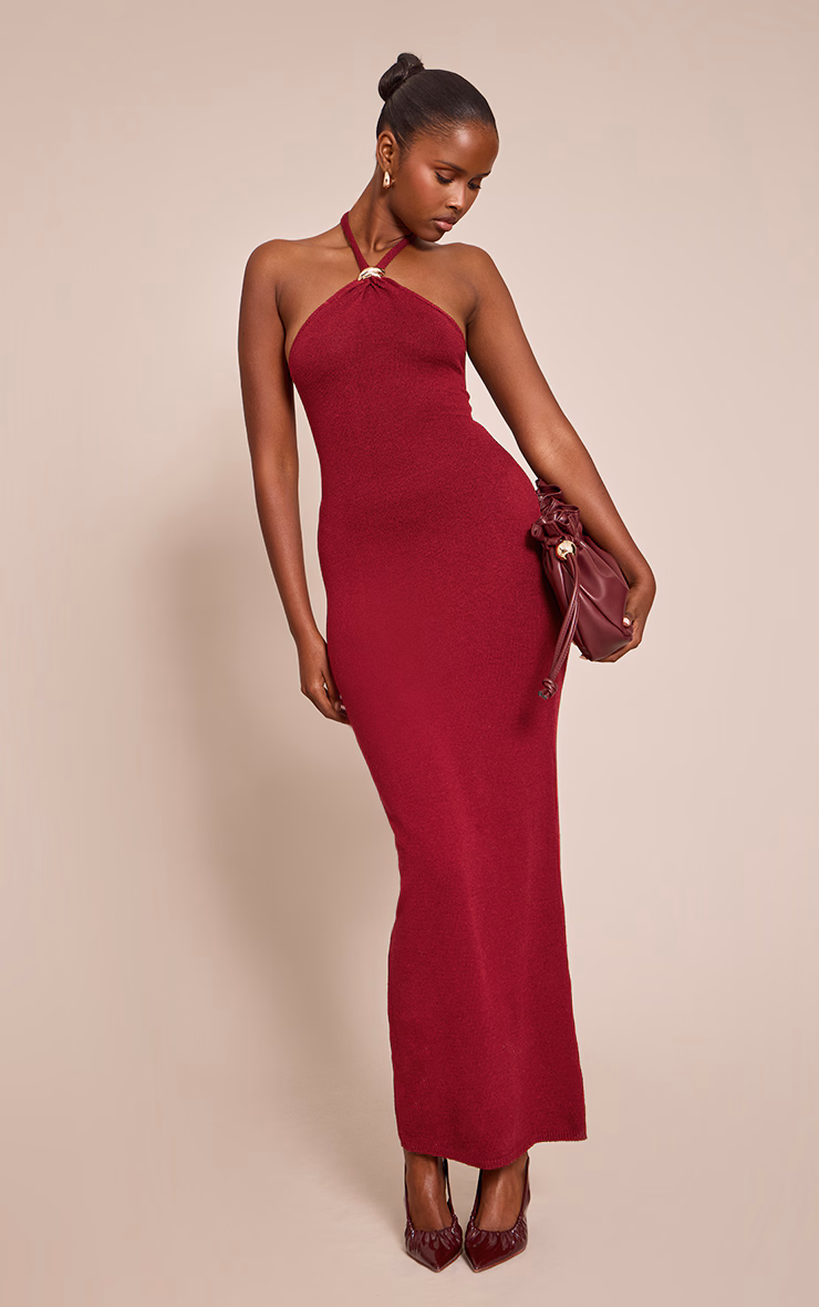 Burgundy Halterneck Trim Detail Maxi Dress