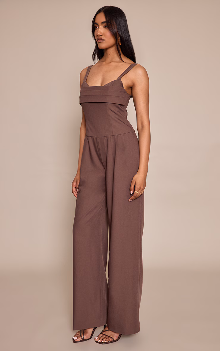 Chocolate Tailored Panel Detail Wide Leg Jumpsuit