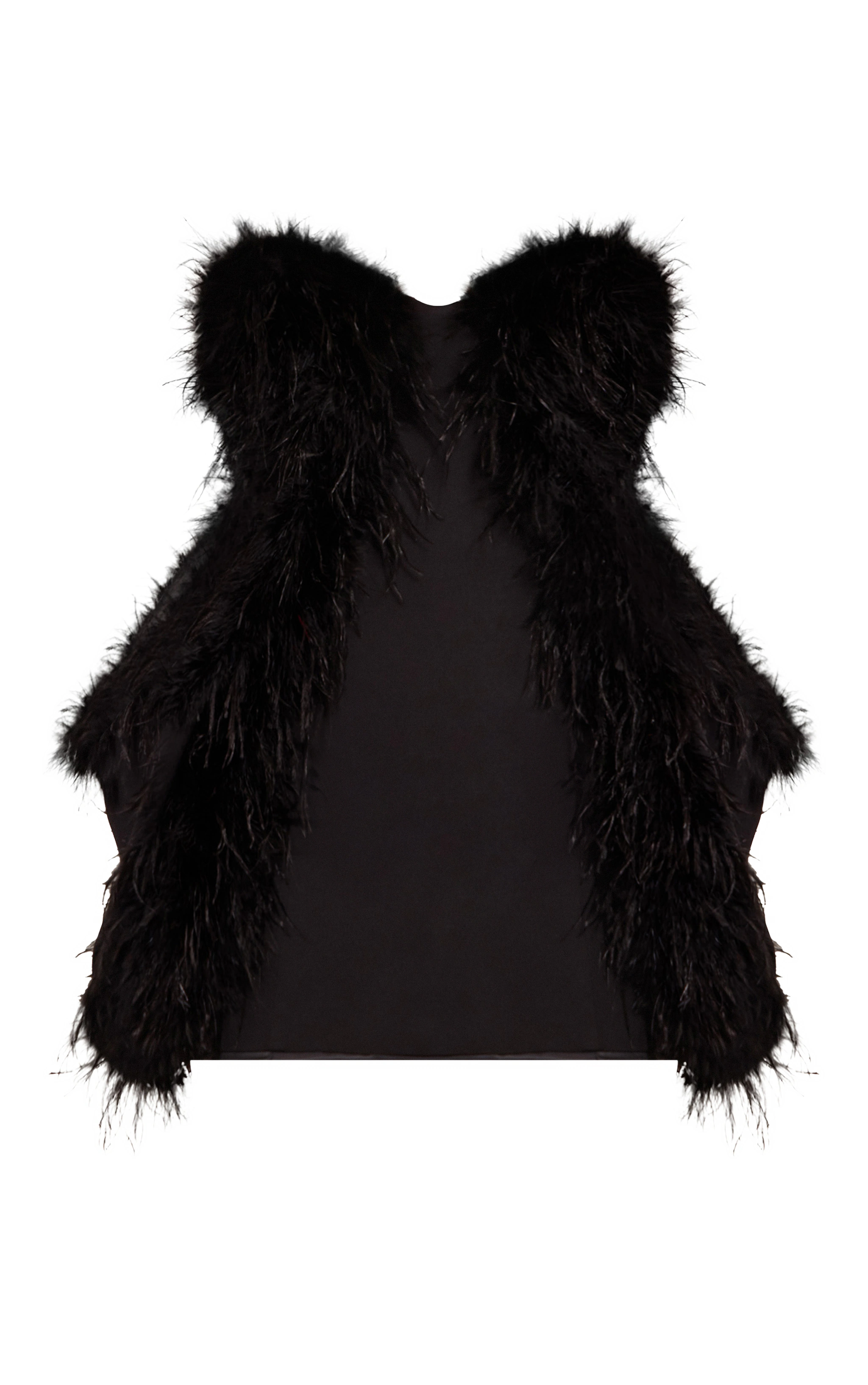 Premium Black Feather Trim Hip Detail Bandeau Bodycon Dress