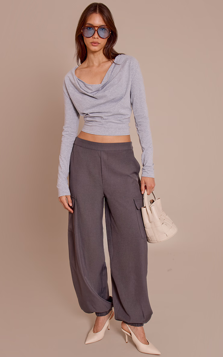 Grey Marl Cotton Cowl Neck Shoulder Pad Long Sleeve Top