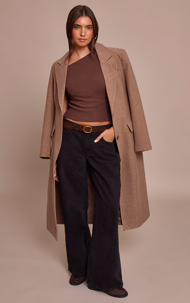 Chocolate Soft Brushed Rib Asymmetric Neckline Long Top