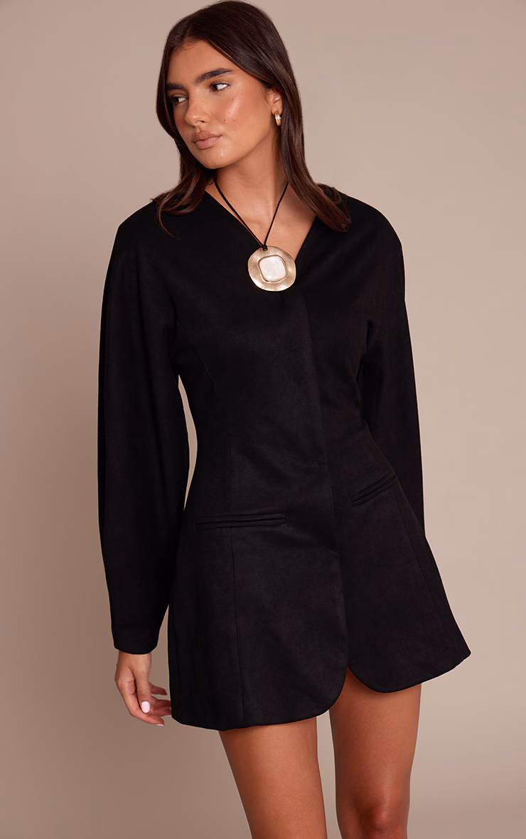 Black Faux Suede Cocoon Sleeve Blazer Dress