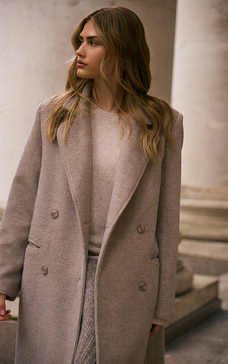 Taupe Structured Double Breasted Wool Look Maxi Coat