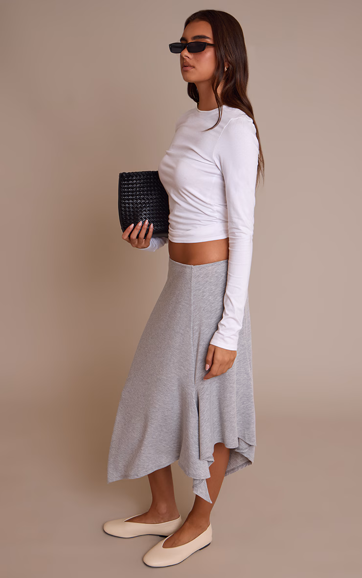 Grey Marl Jersey Hanky Hem Midi Skirt