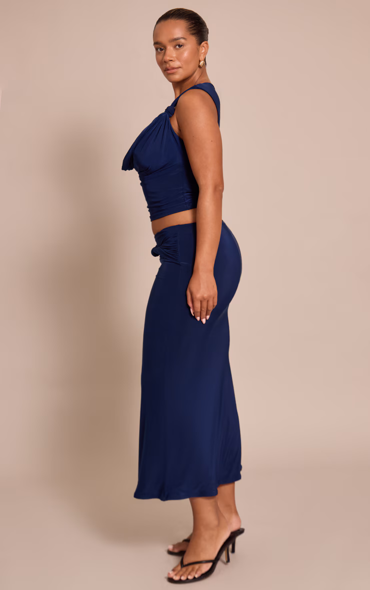 Shape Navy Slinky Drape Detail Midi Skirt