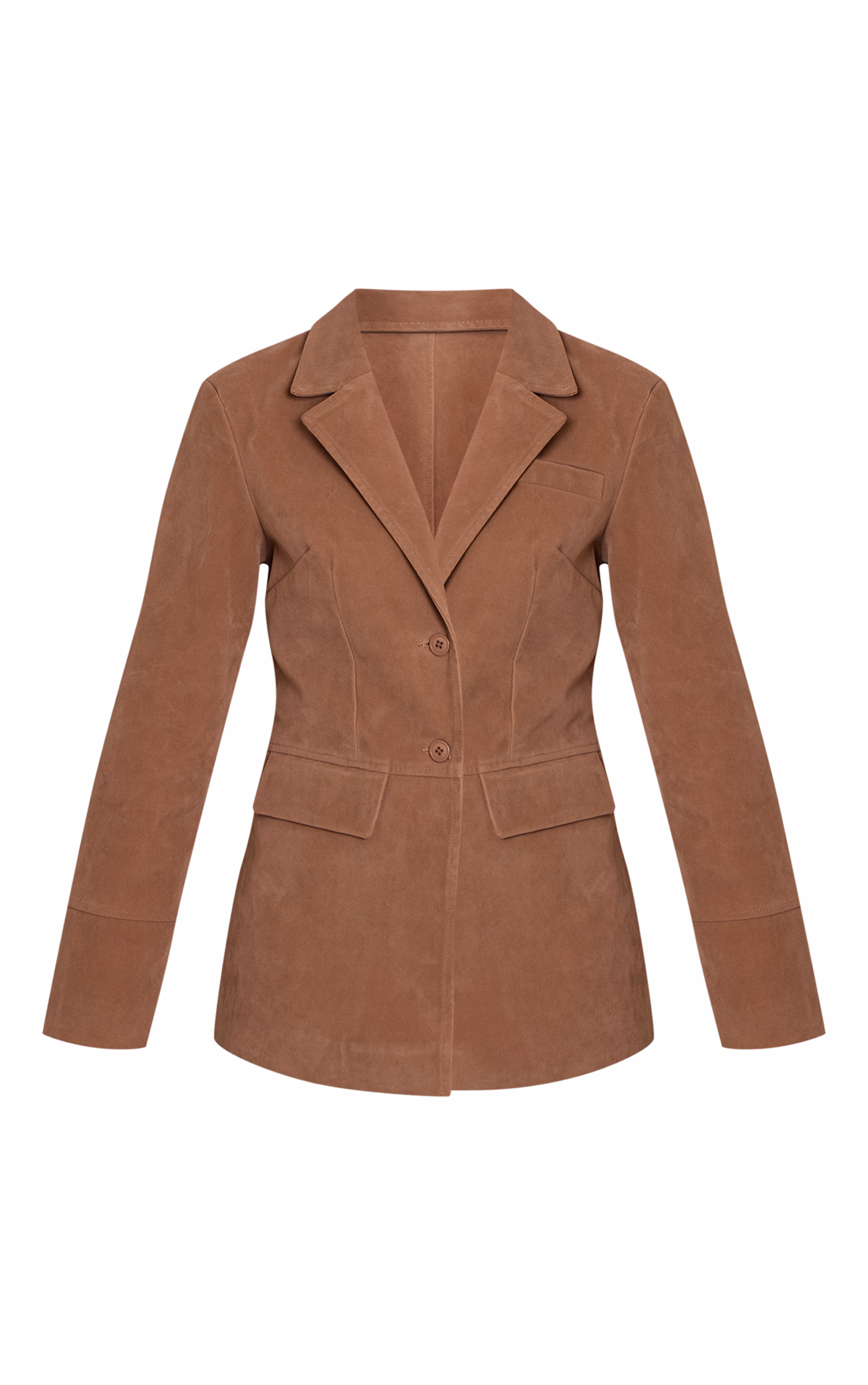 Brown Faux Suede Pocket Detail Cinched Waist Blazer