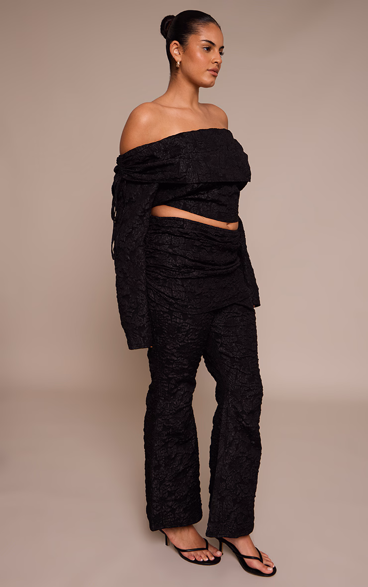 Plus Black Floral Jacquard Fold Over Wide Leg Pants