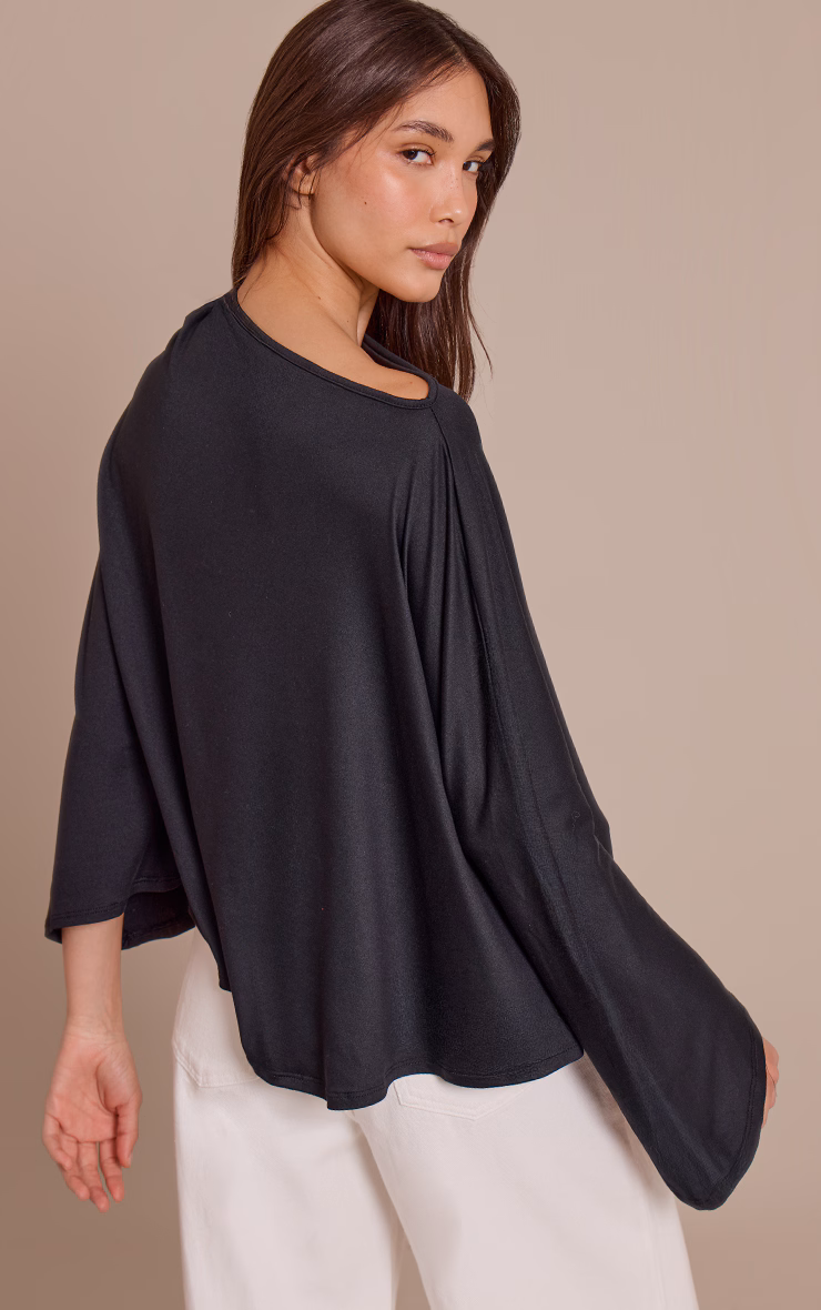 Black Asymmetric Slouchy Long Sleeve Top