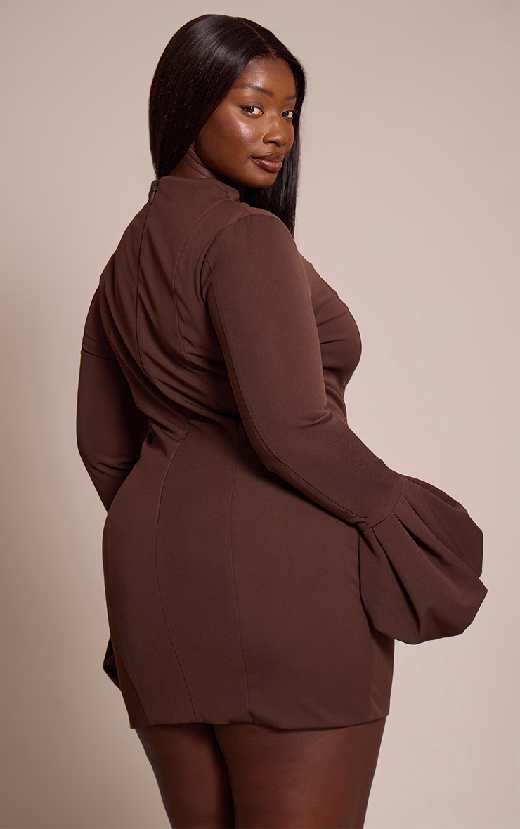 Plus Chocolate High Neck Puff Sleeve Bodycon Dress