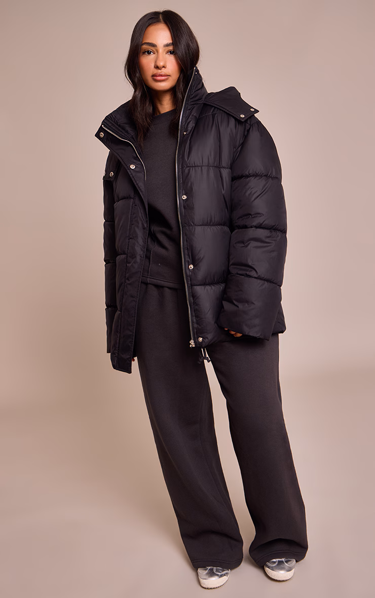 Petite Black Oversized Hooded Puffer Jacket