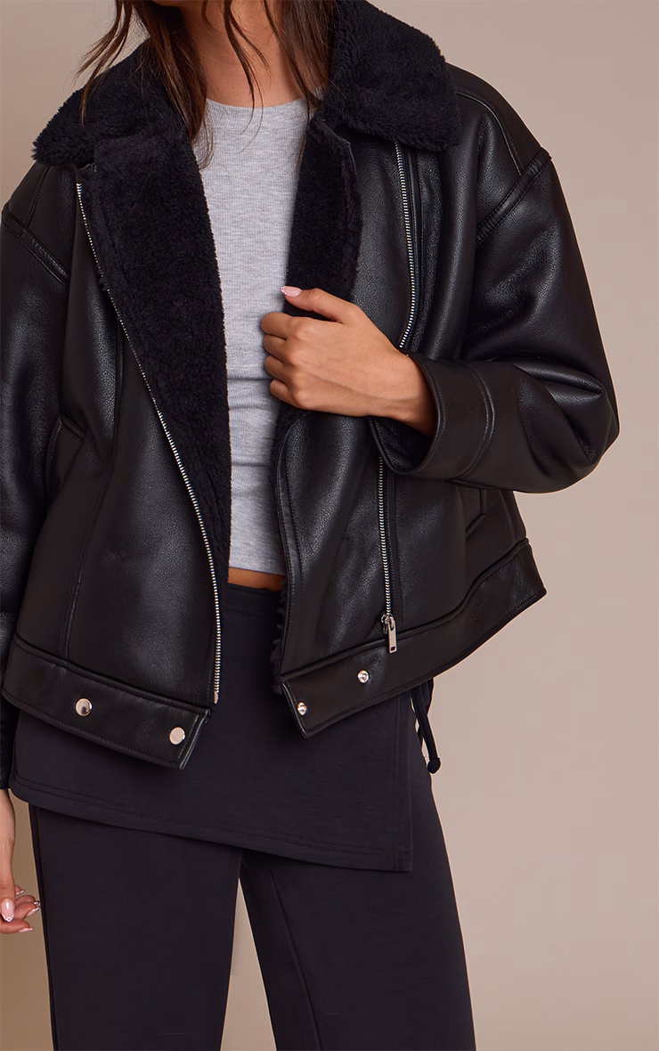 Black Borg Collar Faux Leather Aviator