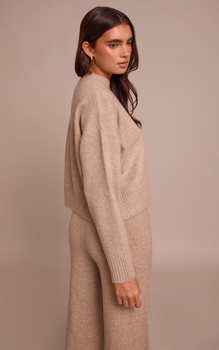 Taupe Marl Knitted Cropped Crew Neck Sweater