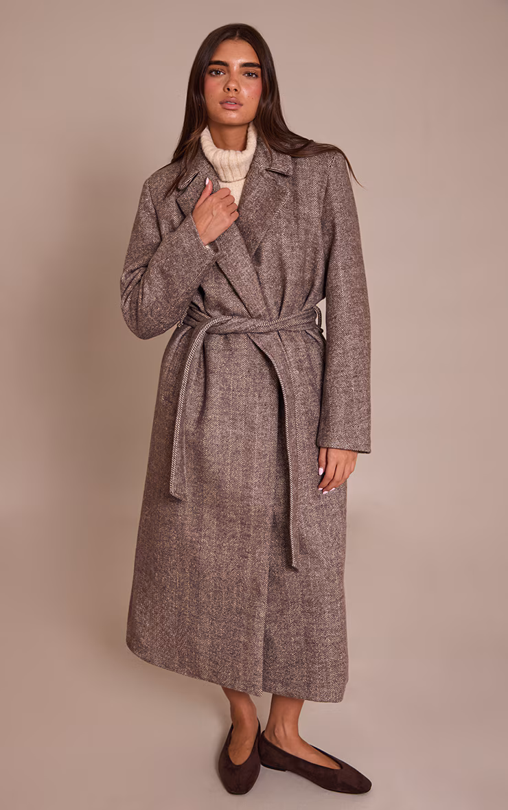 Brown Herringbone Tie Waist Maxi Coat