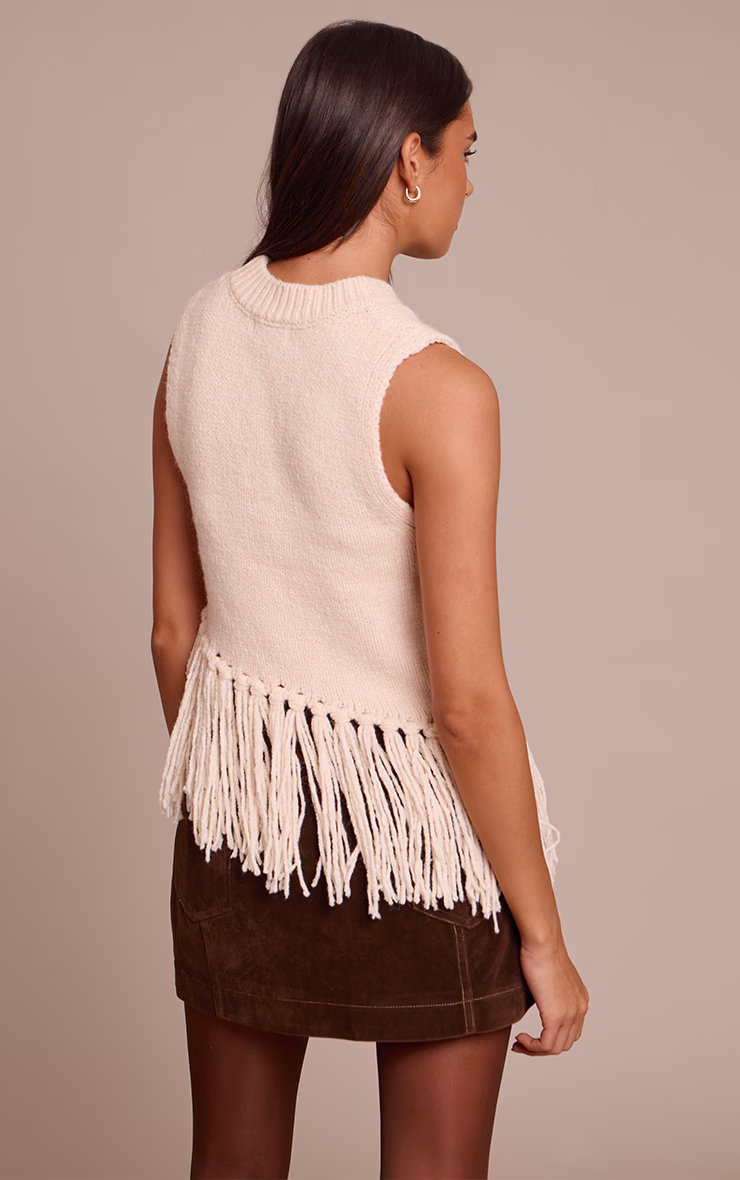 Cream Sleeveless Fringe Detail Knit Sweater