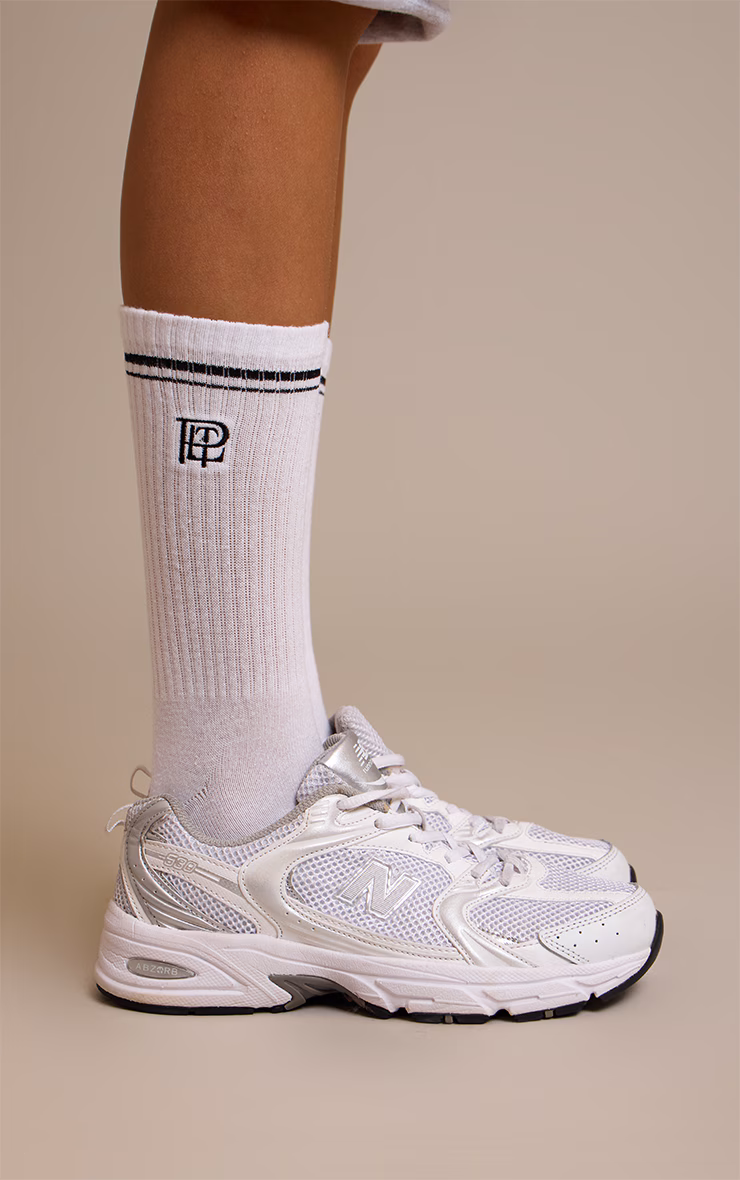 White PrettyLittleThing Embroidered Sports Socks