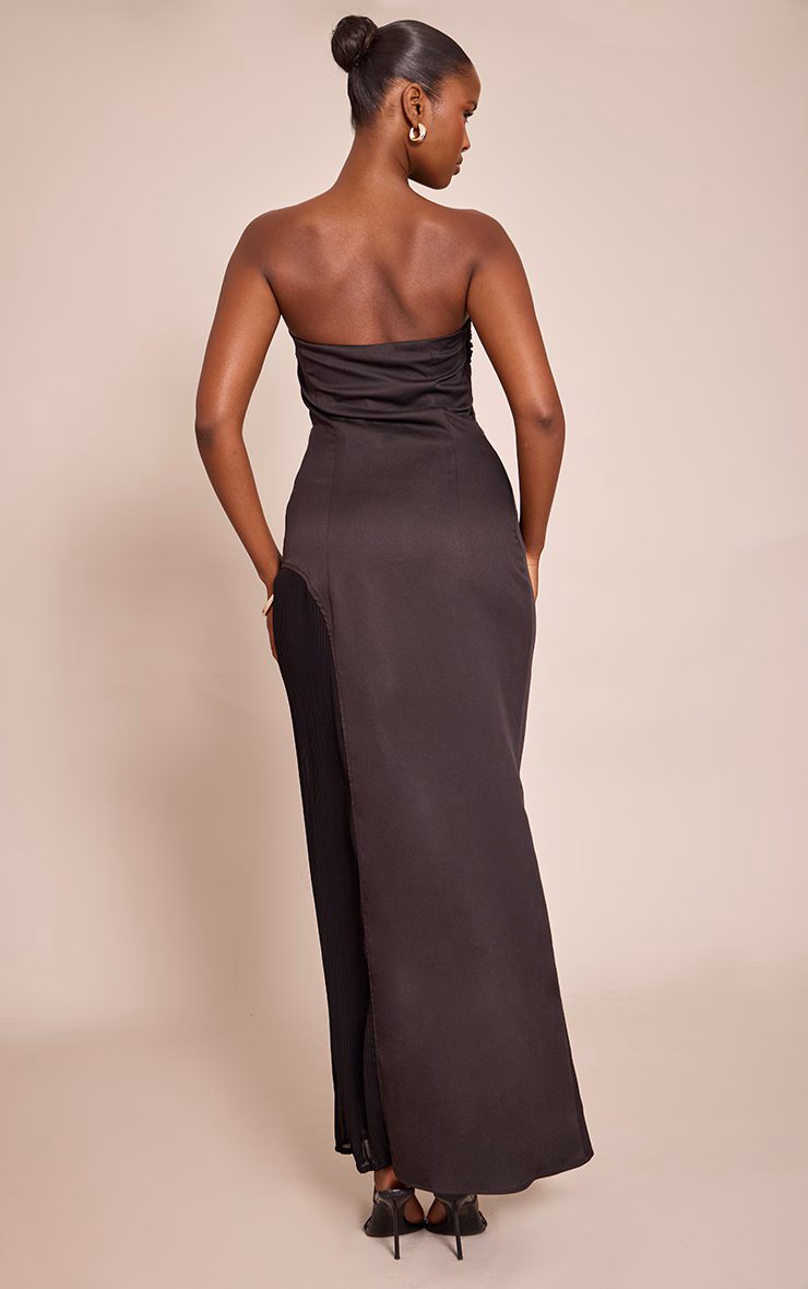 Black Woven Pleated Detail Maxi Dress