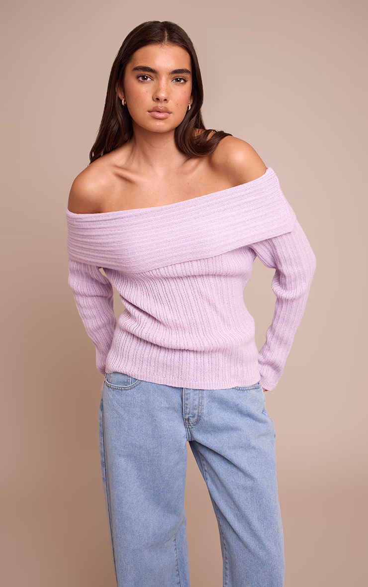 Lilac Off The Shoulder Knit Long Sleeve Top