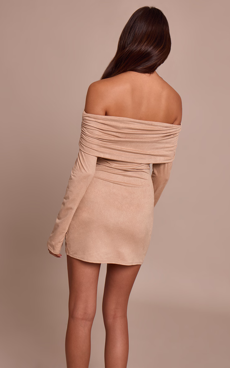 Cream Faux Suede Bardot Long Sleeve Bodycon Dress