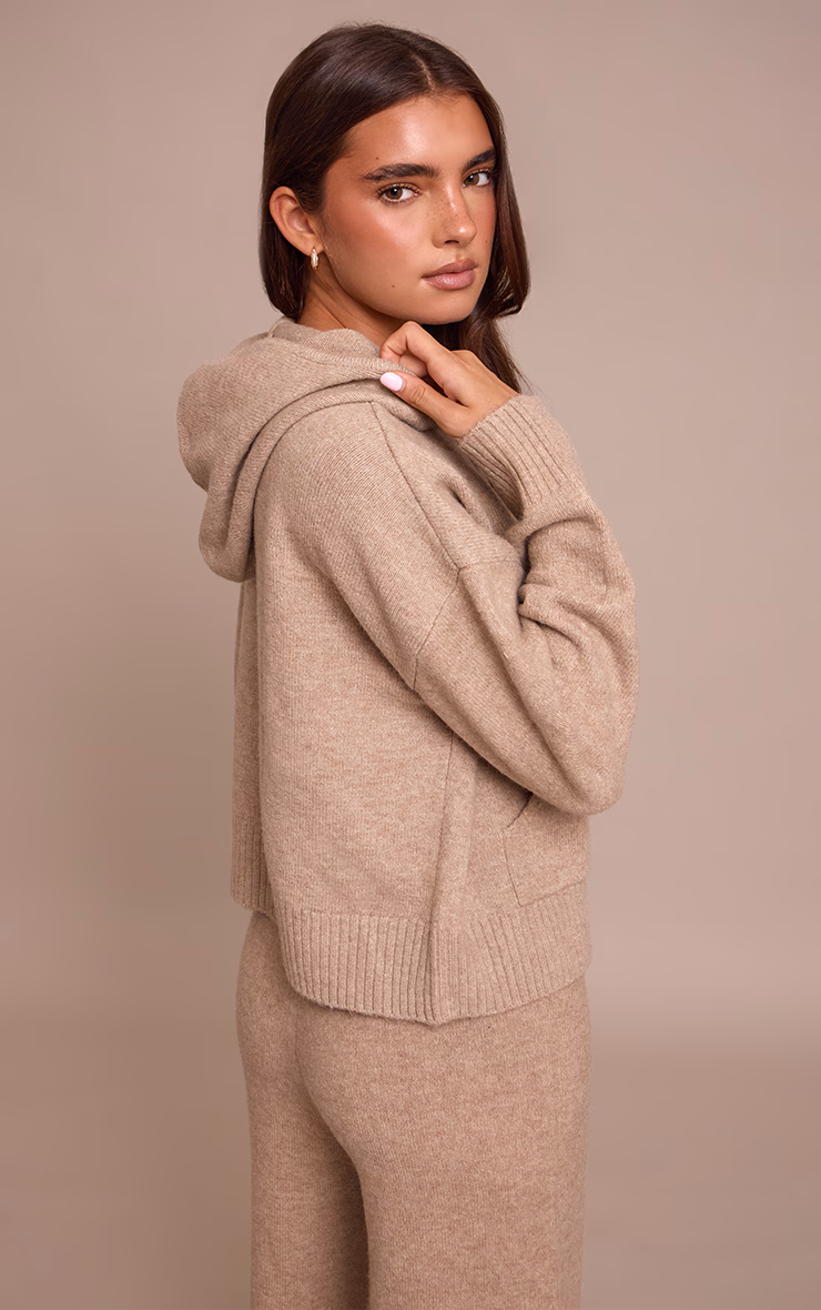Taupe Zip Through Knitted Hoodie