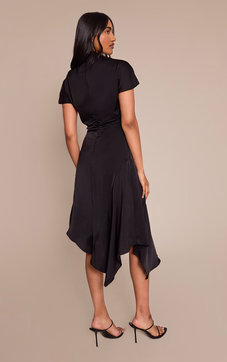 Black Satin Draped Hanky Hem Midaxi Dress