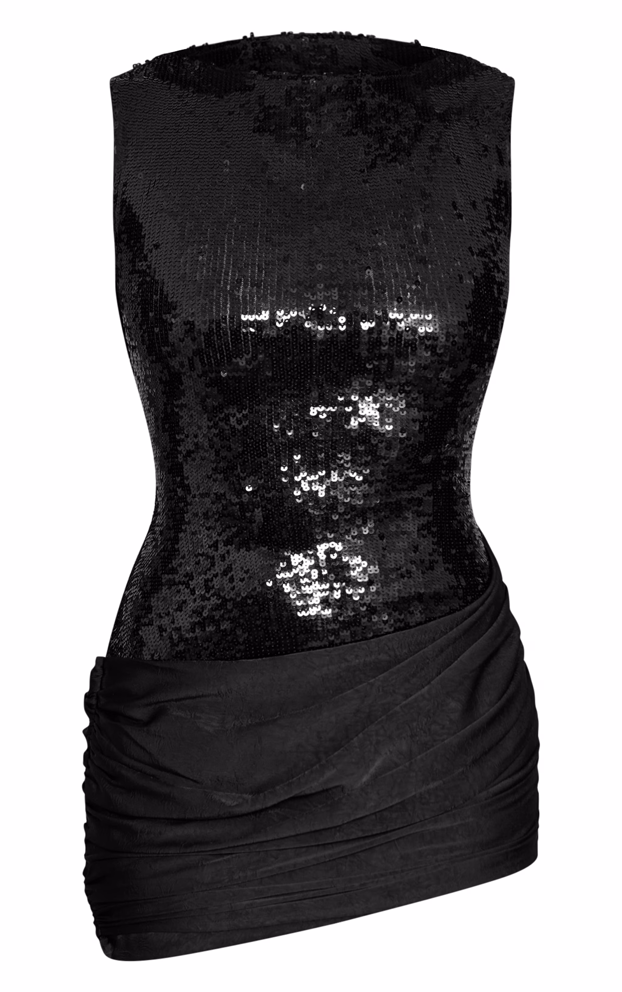 PLT Label Black Sequin Sleeveless Drape Detail Bodycon Dress