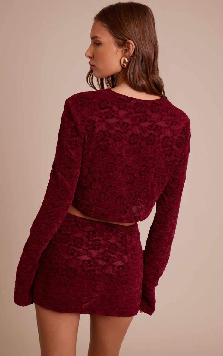 Dark Wine Lace Button Up Long Sleeve Crop Top
