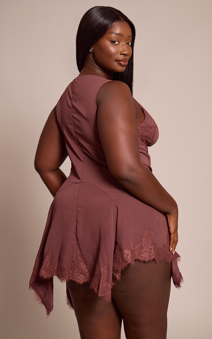 Plus Dark Plum Lace Trim Plunge Bodycon Dress