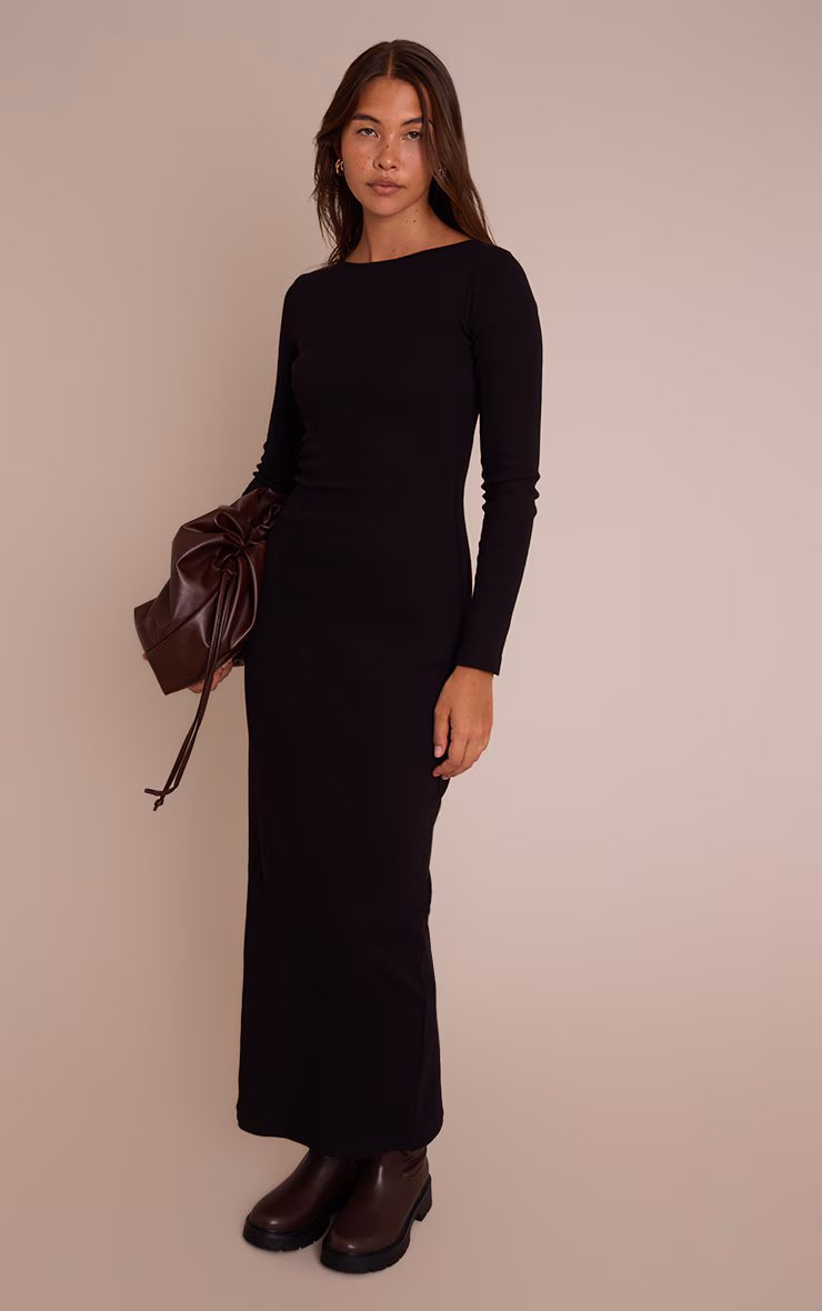 Black Ribbed Boat Neck Long Sleeve Bodycon Maxi Dress