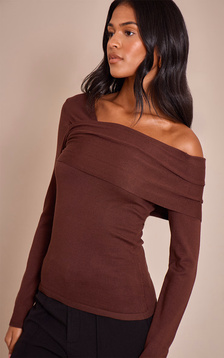 Tall Chocolate Long Sleeve Asymmetric Shoulder Knitted Top