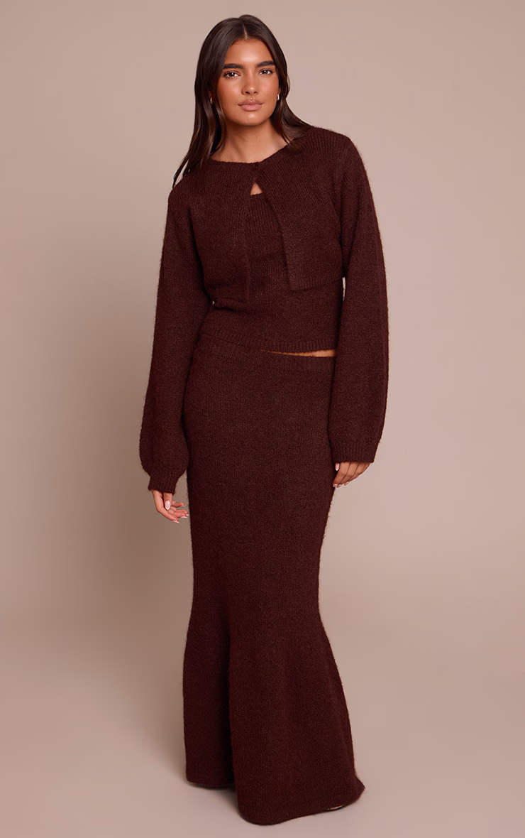 Brown Knitted Extreme Cropped Cardigan