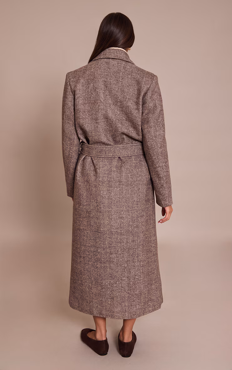 Brown Herringbone Tie Waist Maxi Coat