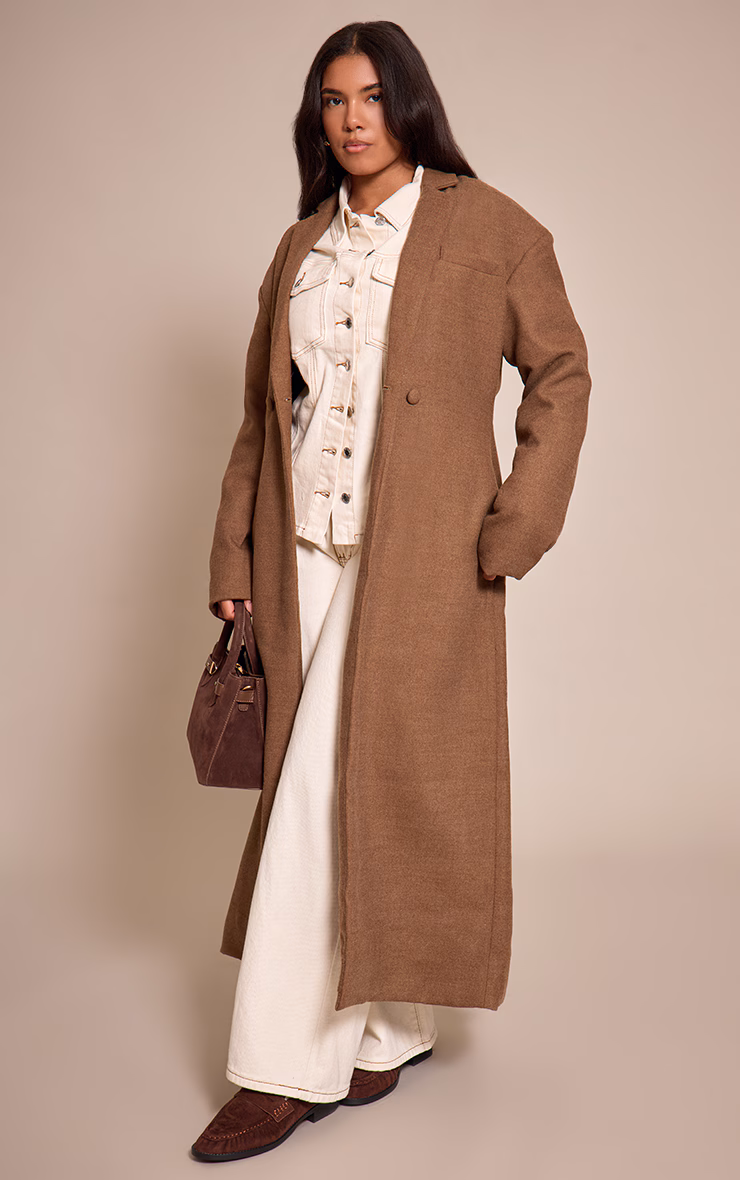 Shape Chocolate Wool Look Cinched Waist Longline Blazer Coat