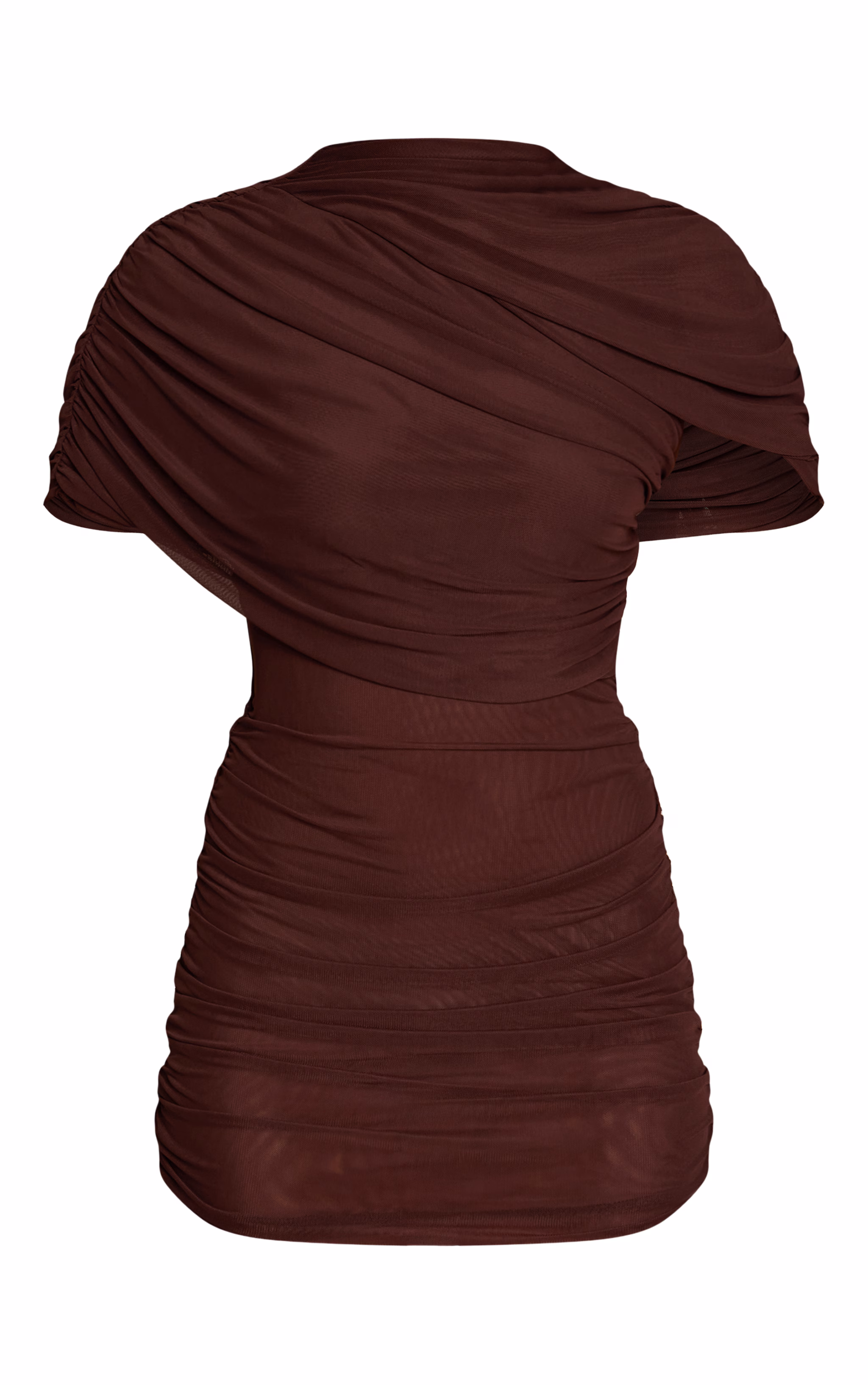 Chocolate  Mesh Overlay Ruched Short Sleeve Mini Dress