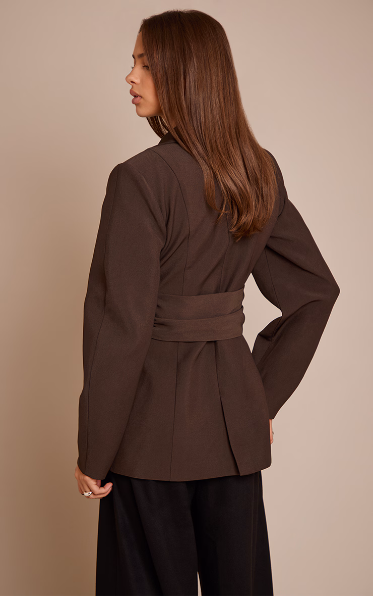 Chocolate Gathered Wrap Waist Belted Blazer