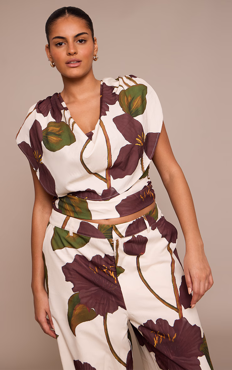 Plus Floral Print Woven Ruched Shoulder Cowl Neck Top