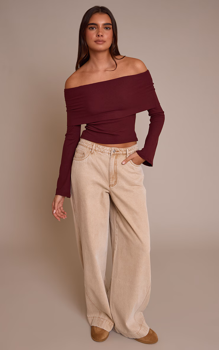 Wine Ultra Soft Deep Foldover Bardot Long Sleeve Top