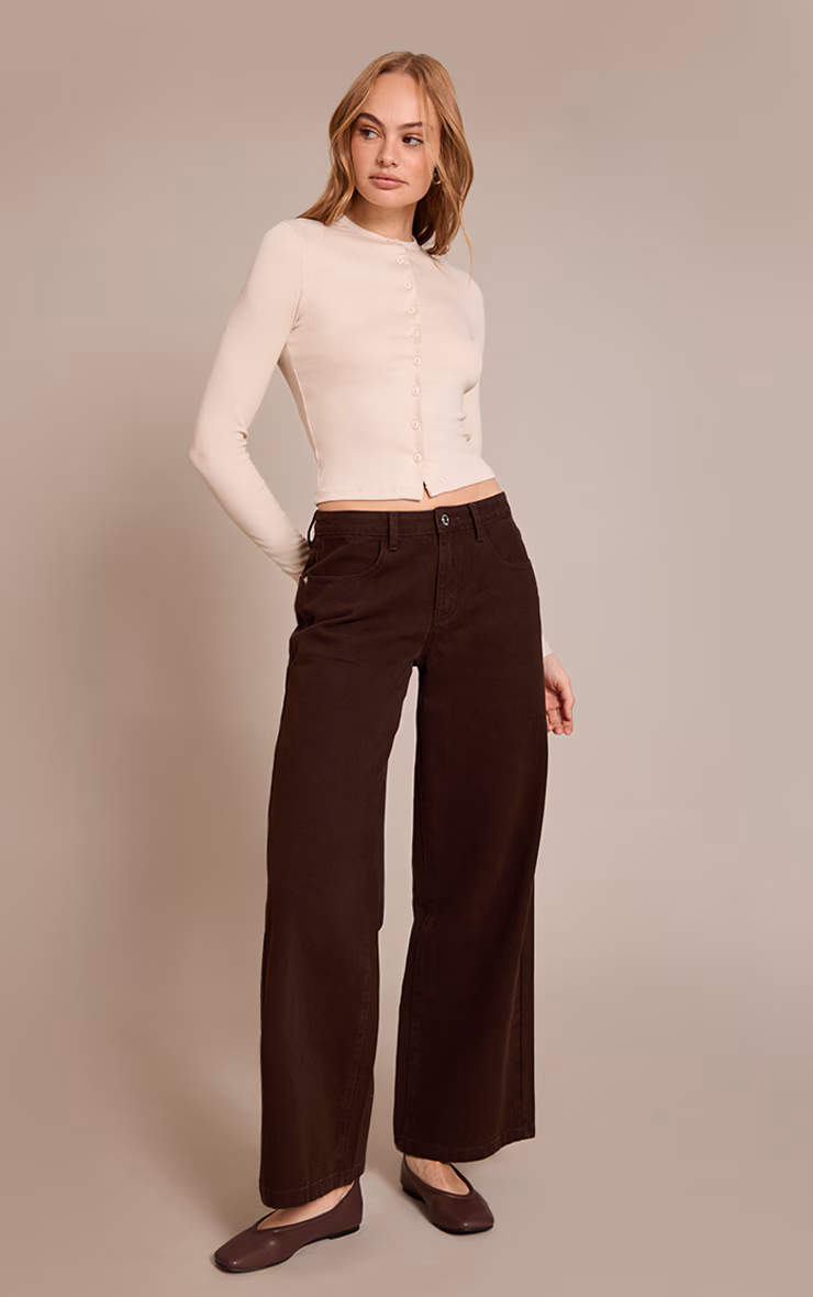 Beige Soft Rib Button Down Long Sleeve Top